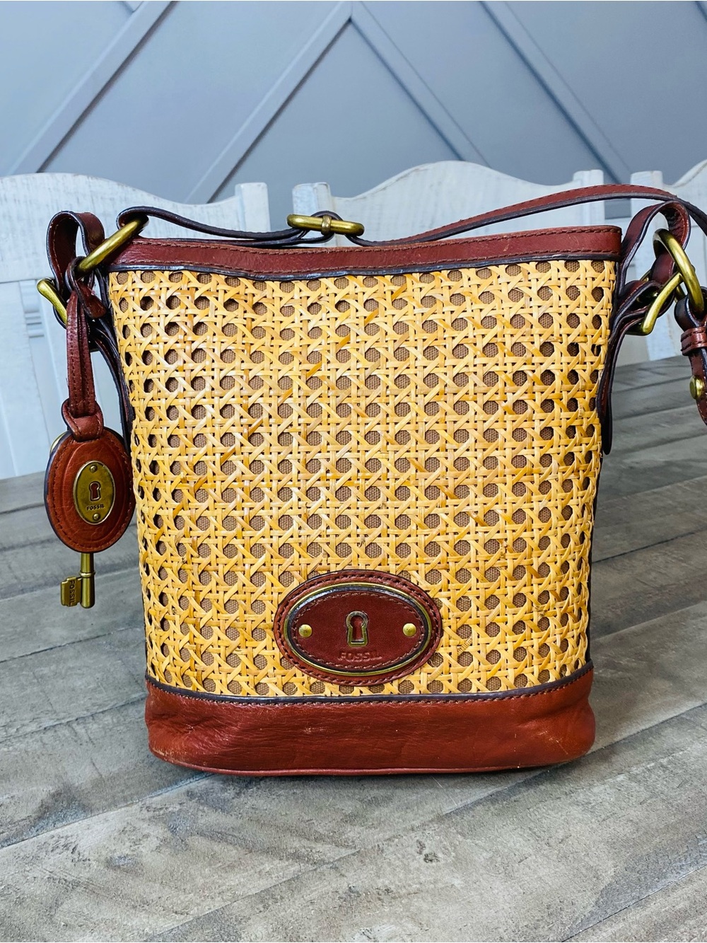 Fossil Vintage Reissue Cane Wicker & Leather Bucket Crossbody Bag